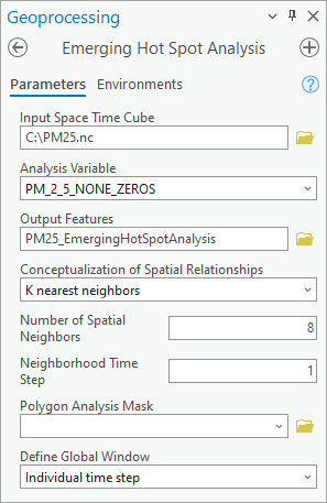 Emerging Hot Spot Analysis tool with parameters filled in