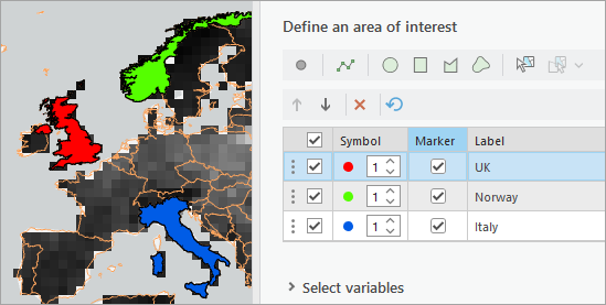 Three areas of interest defined in the Chart Properties pane and symbolized on the map