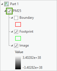 Contents pane with the PM25 mosaic layer turned on