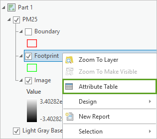 Attribute Table option in the context menu of the footprint