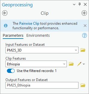 Clip tool with parameters filled in