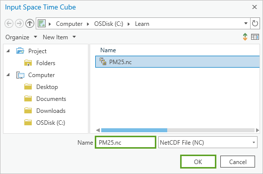 PM25.nc selected from the C:\Learn folder on the browse dialog box