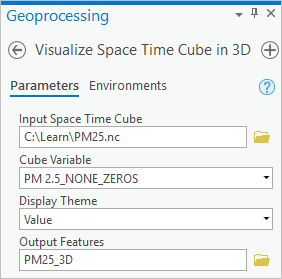Visualize Space Time Cube in 3D tool with parameters filled in