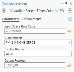 Visualize Space Time Cube in 3D tool with parameters filled in