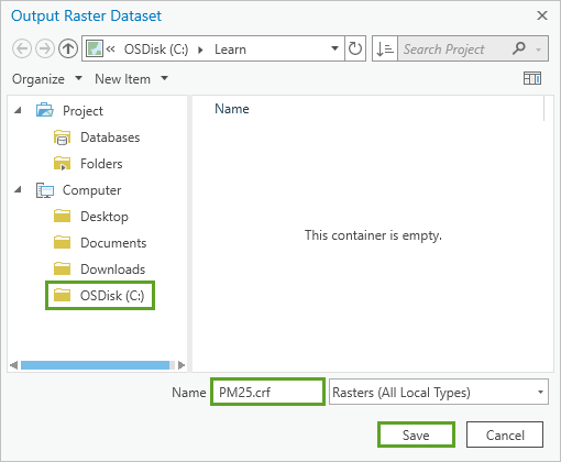 Output Raster Dataset window