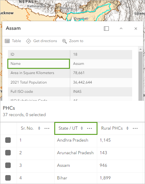 Name field in a pop-up and State / UT field in the table