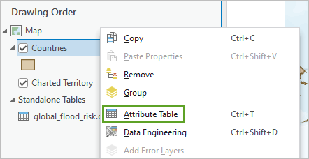 Attribute Table in the Countries layer's context menu