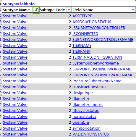 The Subtype Name column filtered to only show System Valve values.