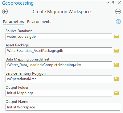 Parameters in the Create Migration Workspace geoprocessing tool