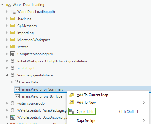 Open Table option for the main.View_Error_Summary table