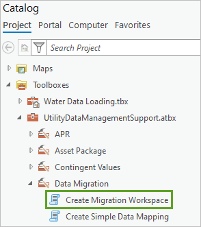 Create Migration Workspace tool in the Catalog pane