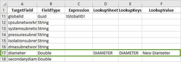 Type the lookup values for diameter field