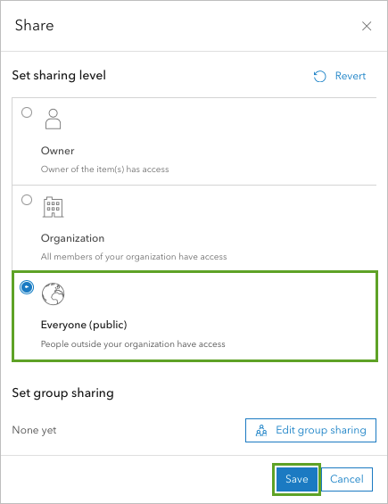 Set map sharing in Share pane to Everyone