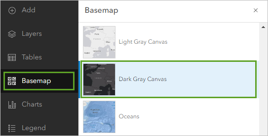 Basemap on the Contents toolbar and Dark Gray Canvas in the Basemap pane
