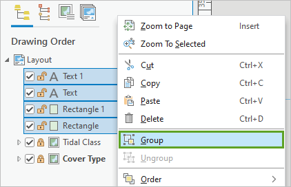 Group option in the context menu for four selected elements