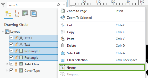 Group option in the context menu for four selected elements