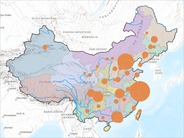 China cities styled by size in orange