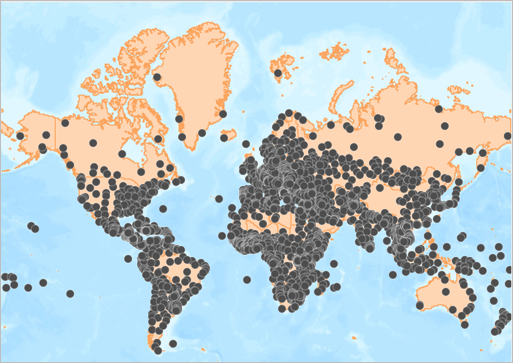 World Cities layer on top of World Countries (Generalized) layer