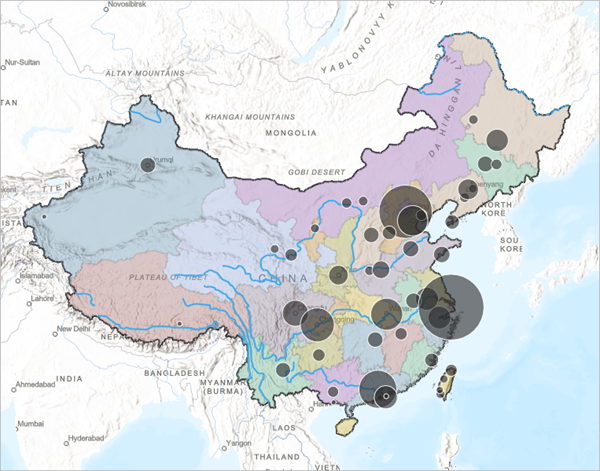 China's cities symbolized by population size