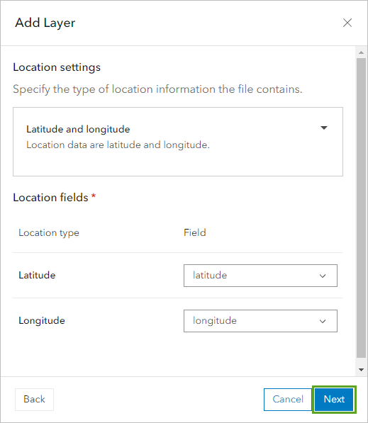 Next button on the Locations settings page in the Add Layer window