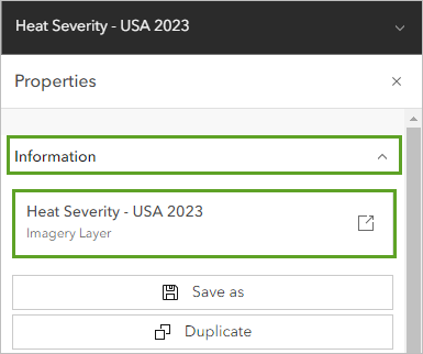 Information on the Properties pane for the Heat Severity - USA 2021 layer