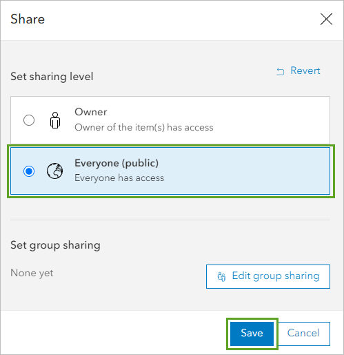 Share window set to Everyone (public) and the Save button