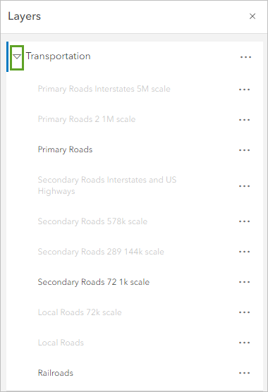 The Transportation group layer expanded in the Layers pane