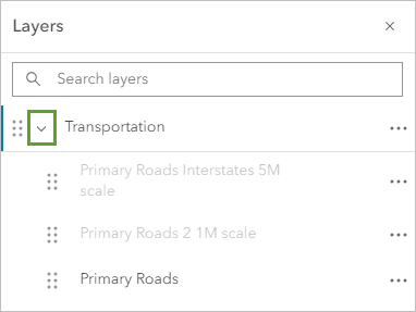 The Transportation group layer expanded in the Layers pane