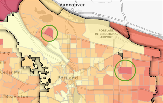 Dark red tracts on the map