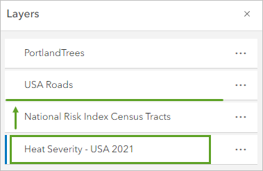 Drag the Heat Severity - USA 2021 layer above the National Risk Index Census Tracts layer in the Layers pane.