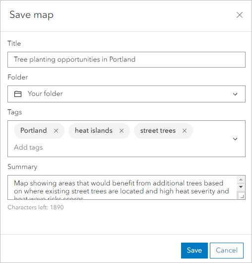 Save map window with parameters filled
