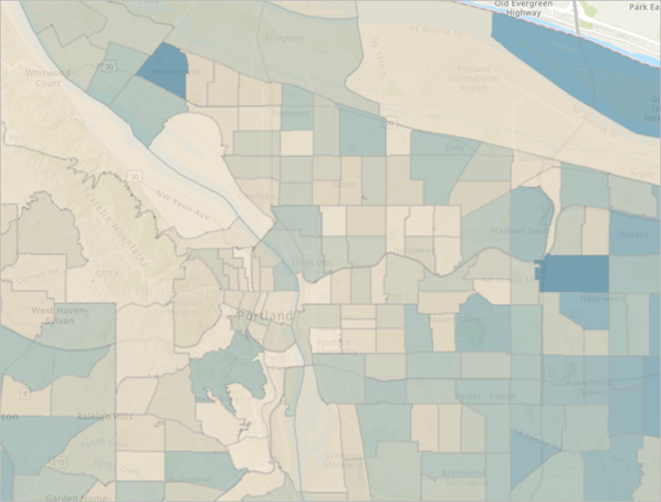 National Risk Index Census Tracts layer styled to show heat wave risk score centered on Portland, Oregon