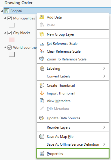 Properties option in the map's context menu