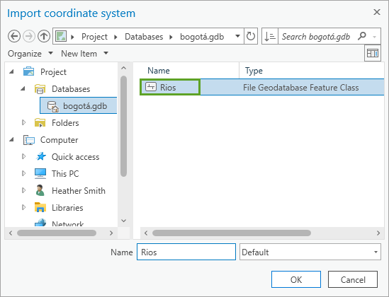 Rios layer in the project geodatabase