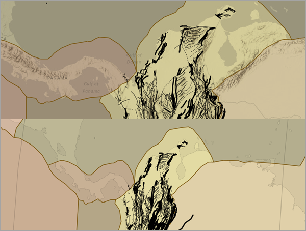 Map before and after a change in projection