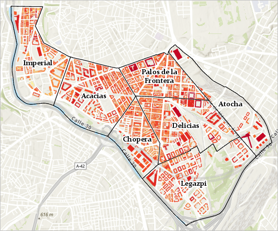Map with buildings in Imperial neighborhood symbolized in orange and red