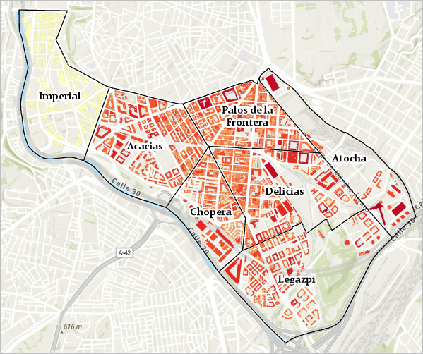 Map with all buildings in Imperial neighborhood symbolized in yellow