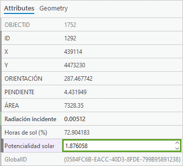 Potencialidad solar value changed to 1.876058 in the Attributes pane