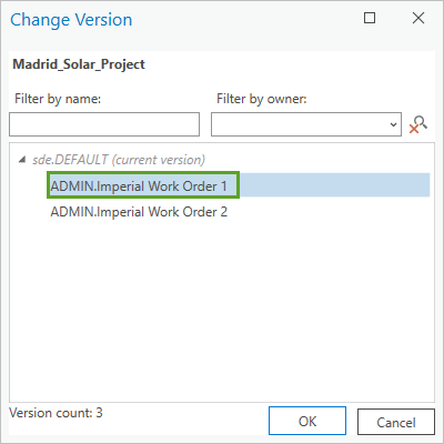 Imperial Work Order 1 version selected in the Change Version window