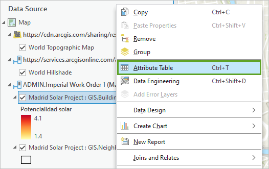 Attribute Table option in the Buildings layer's context menu
