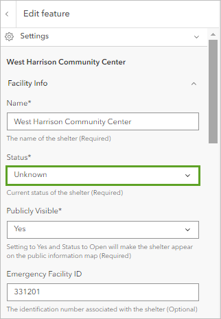 Status set to Unknown in the West Harrison Status attribute in the Edit Feature pane