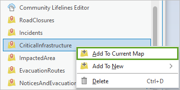 Add To Current Map button to add the CriticalInfrastructure layer to the map