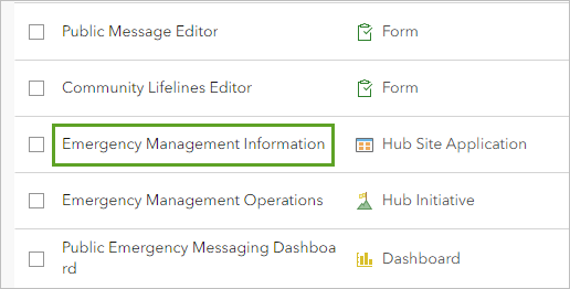 Emergency Management Information Hub site app item