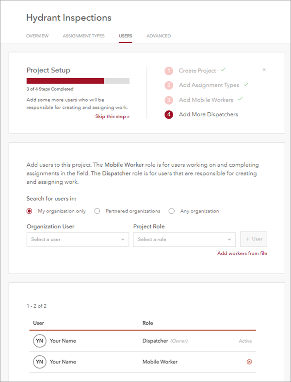 Users tab with you listed as a mobile worker