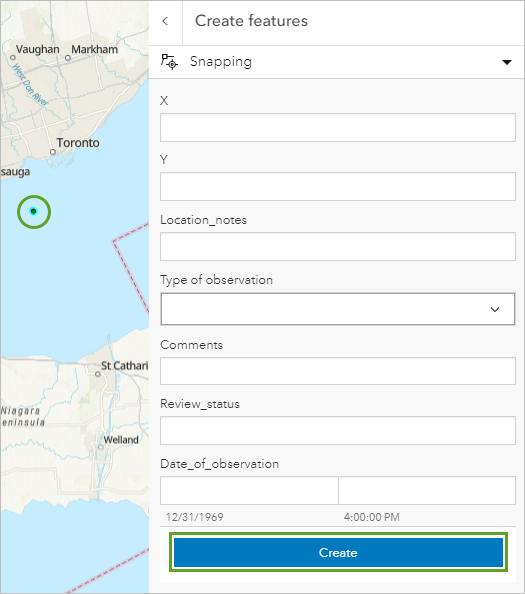 Point feature added to a water body area and the Create button on the Create features pane