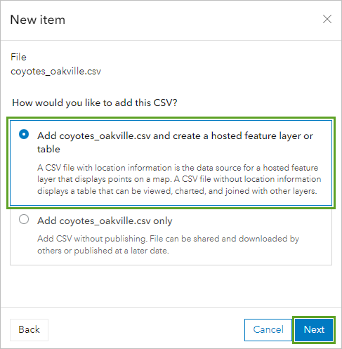 Add csv and create a hosted feature layer