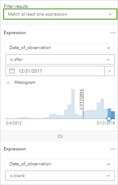 Filter results set to Match at least one expression in the Filter pane