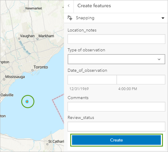 Point feature added to a water body area and the Create button on the Create features pane