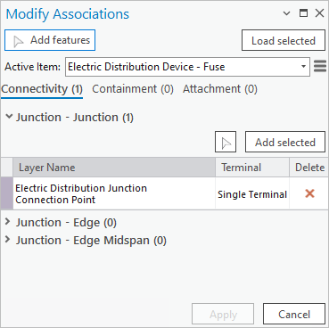 Modify Associations pane with Active Item set to Electric Distribution Device - Fuse