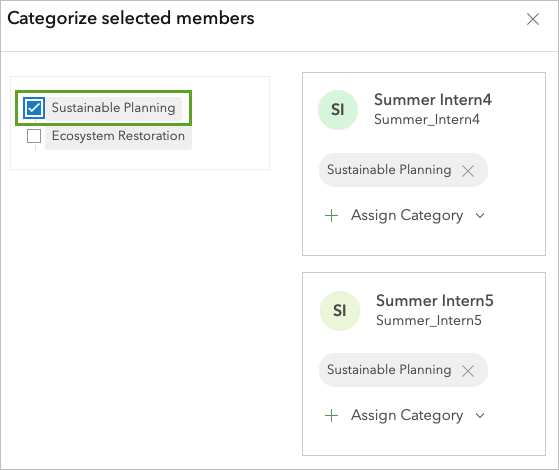 Assign Sustainable Planning category to two members